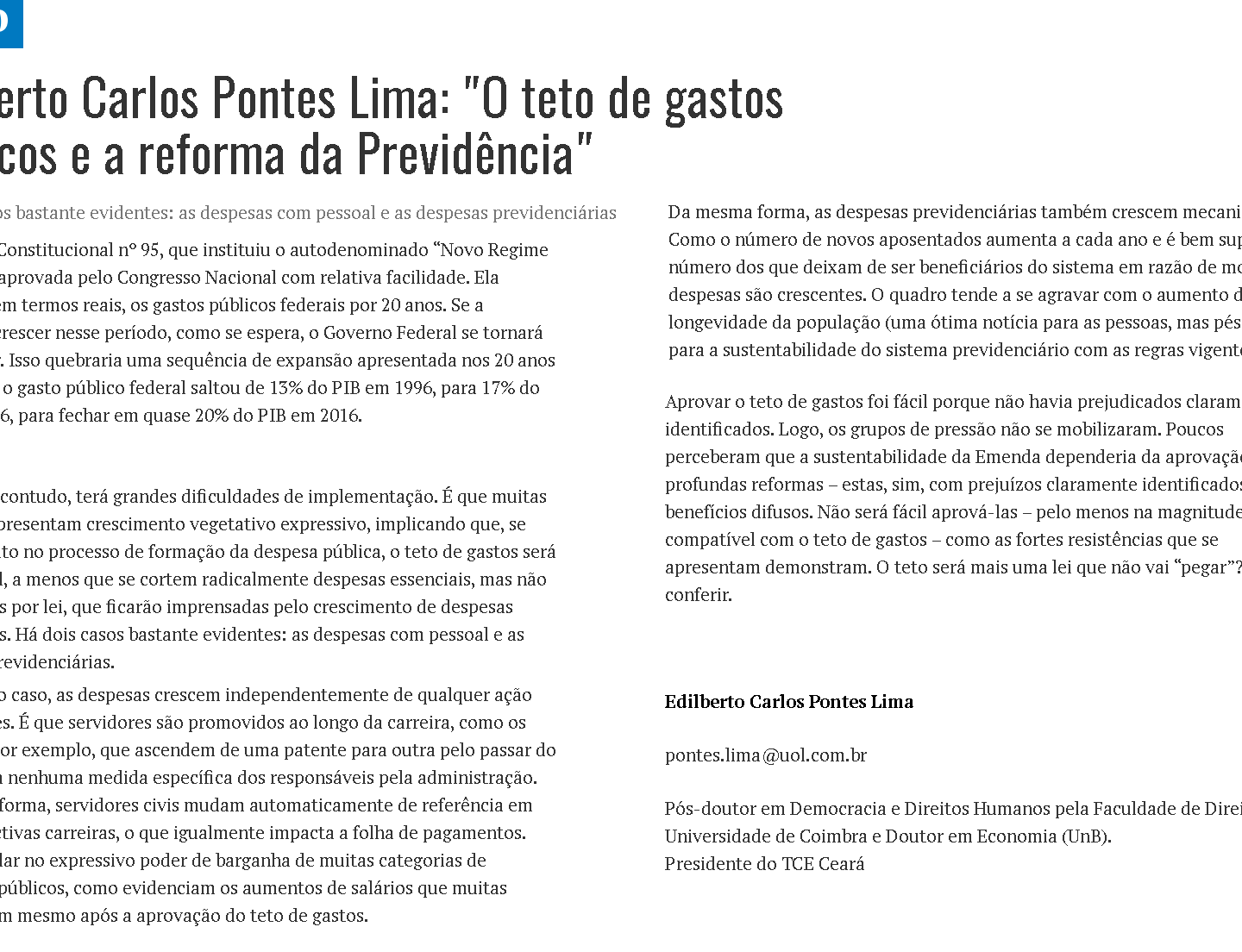 “O teto de gastos públicos e a reforma da Previdência”