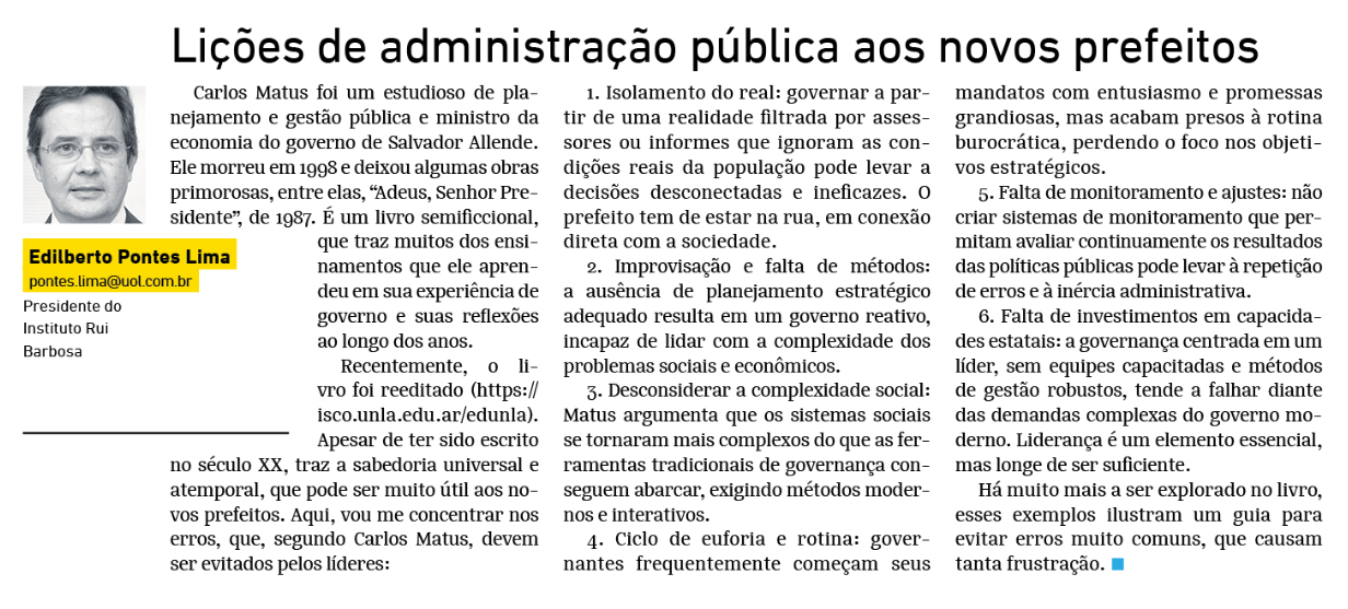 Lições de administração pública aos novos prefeitos